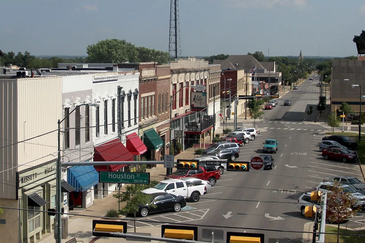 Downtown Sherman, Texas street with historic storefronts